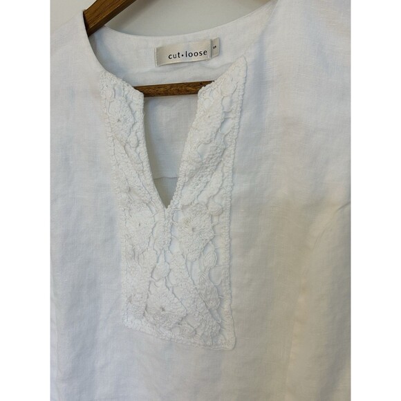 Cut Loose Womens Shirt Small Linen Embroidered Boxy Crochet Split Neck - Picture 2 of 9